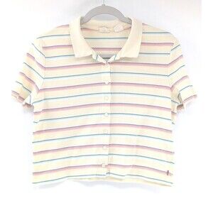 Levi's Yellow Cropped Collared Striped Short Sleeve Polo Shirt Top Size Medium